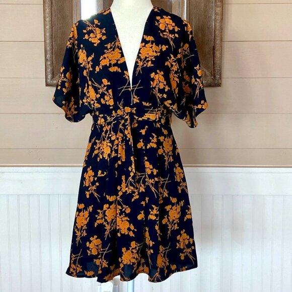 90's Y2K Fit and Flare, Black and Gold Floral Mini Dress Sz S - Picture 1 of 7